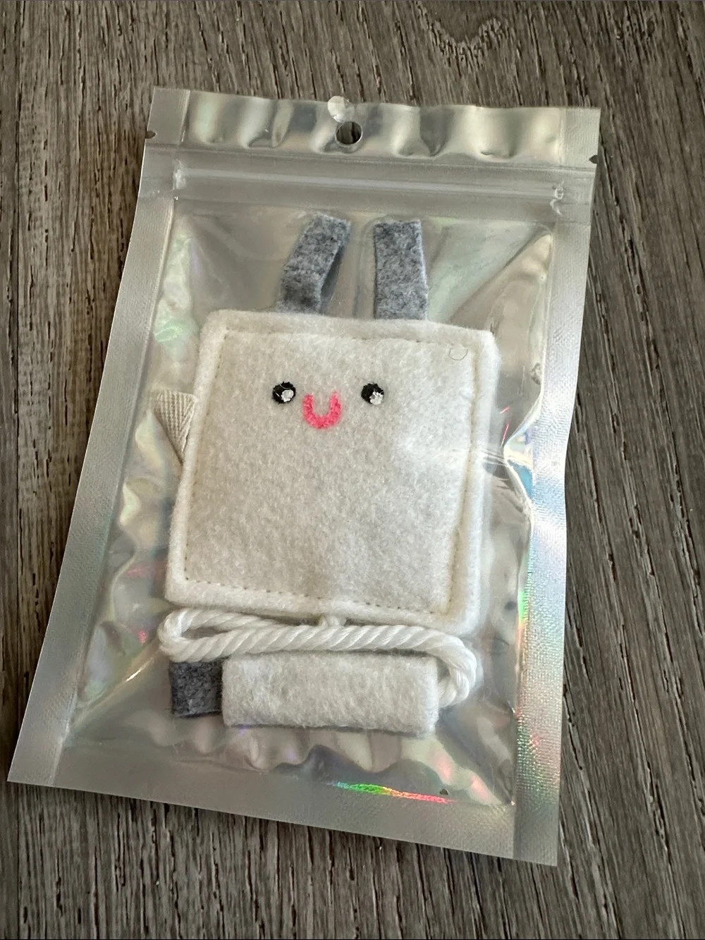 White Felt Bunny Cat Toy with Gray Accents - Plush Teether